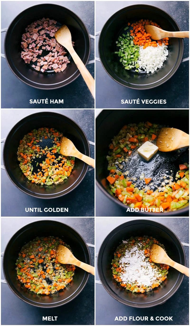Ham and vegetables being sautéed in a pan; a separate sauce base forming with melted butter and flour.