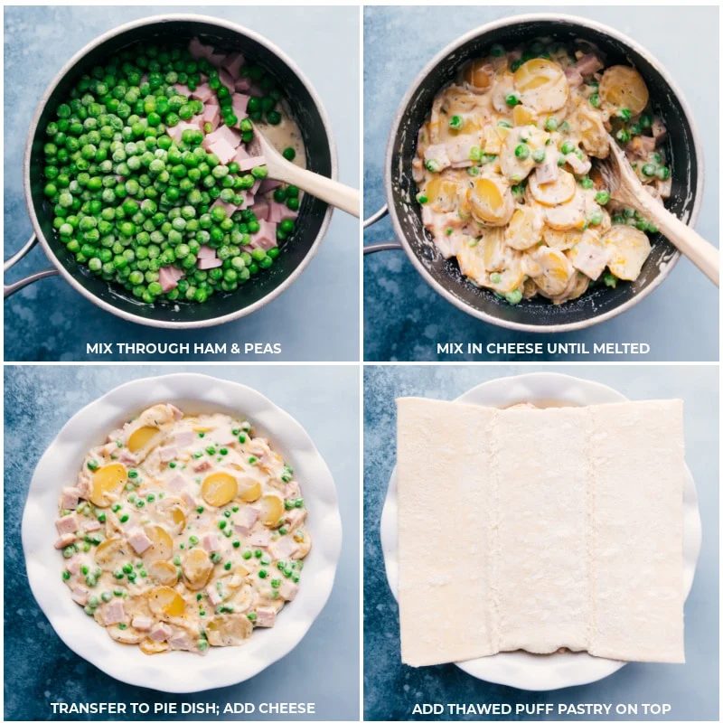 Adding the ham and peas to the potato cream mixture and then transferring it all to a pie dish, and finally placing the thawed puff pastry on top for this ham and potato pot pie.