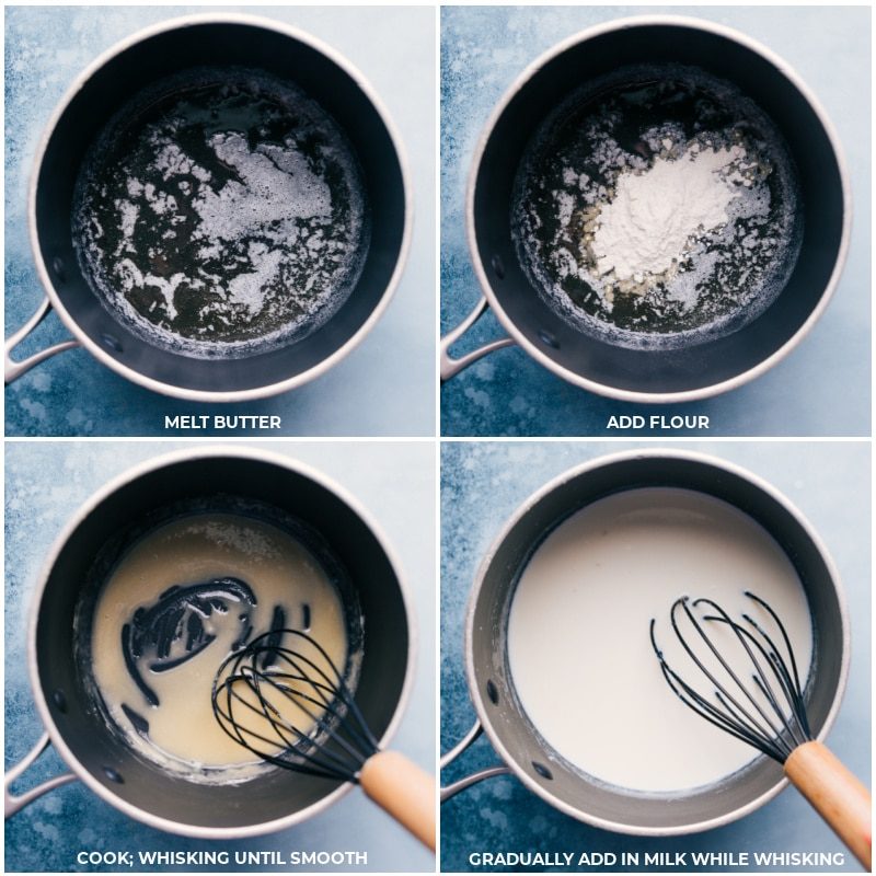 Whisking melted butter and flour in a pot while slowly adding milk to create the creamy base for ham and potato pot pie.