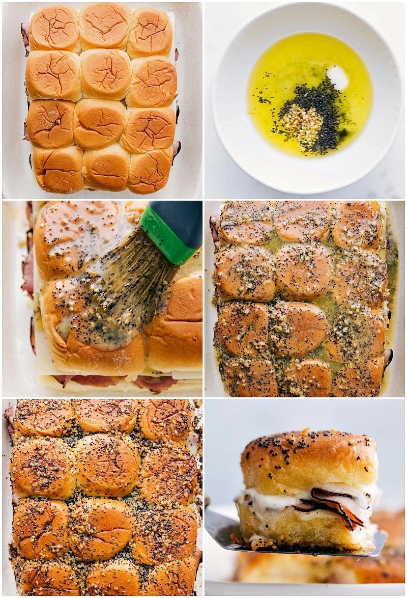 Adding the top layer of rolls to the dish, then the butter topping being spread on top and it all being baked.