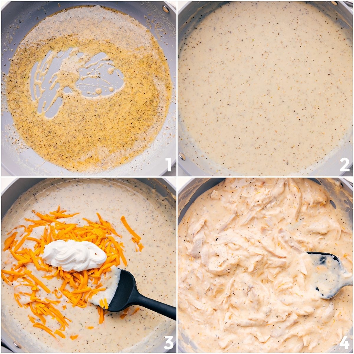 Creamy, cheesy sauce for Hawaiian Haystacks being whisked together with chicken added to the pan.
