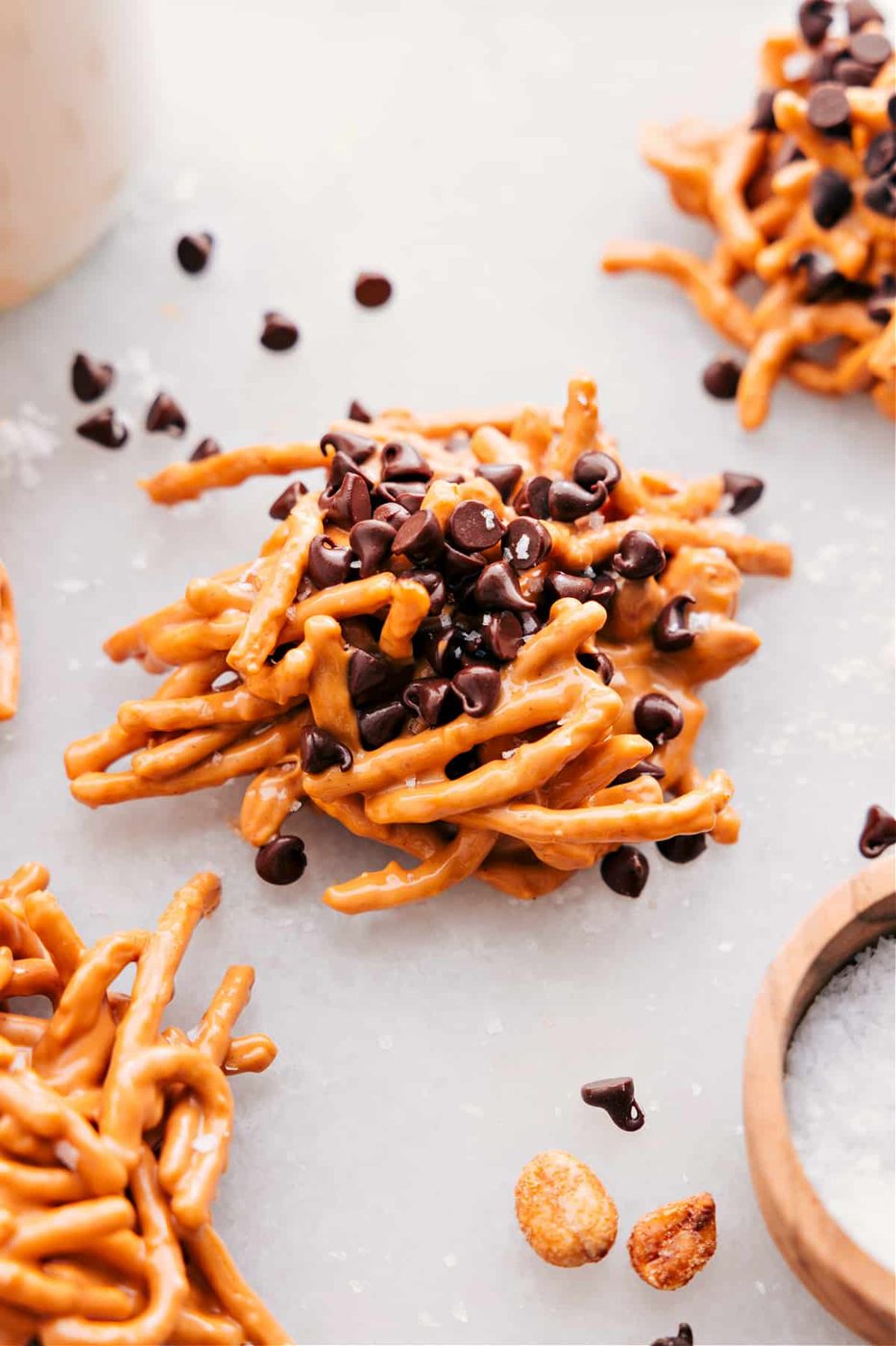 Haystack Cookie Recipe topped with mini chocolate chips and flaky sea salt.