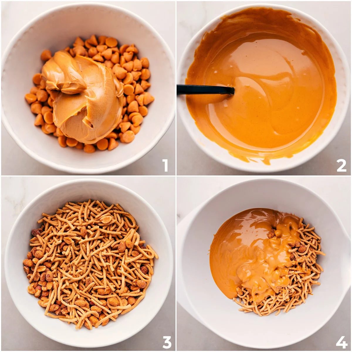 The butterscotch and peanut butter are melted together and poured over the peanuts and chow mein noodles to make this haystack cookie recipe.