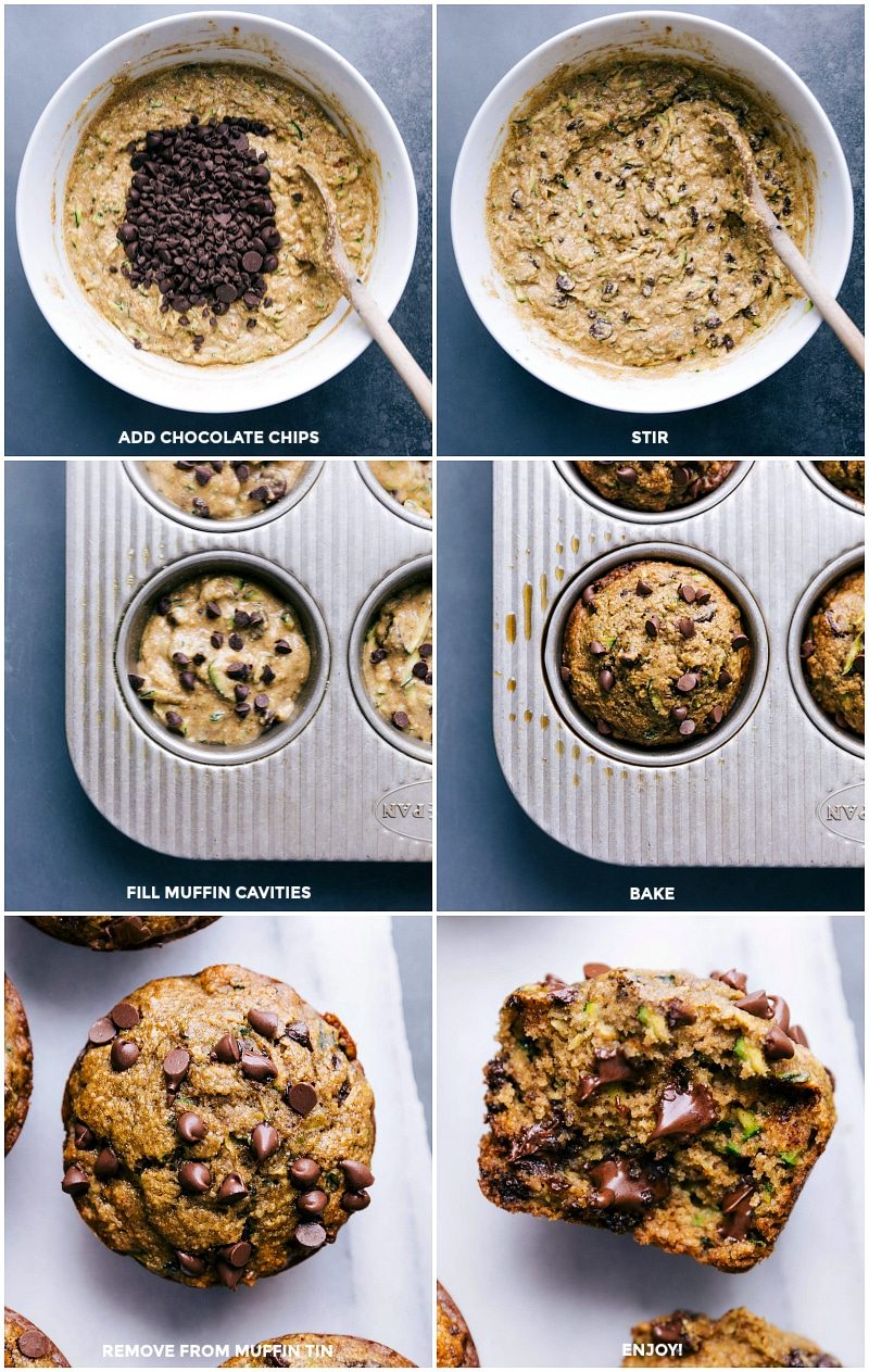 Adding chocolate chips, stirring, filling tins, baking, removing from the oven, and ready to eat.