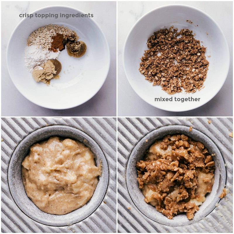 Creating the satisfying crisp topping for breakfast using oats and brown sugar.