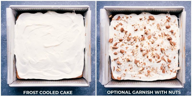 Frost the cooled cake and top with skippable chopped almonds.