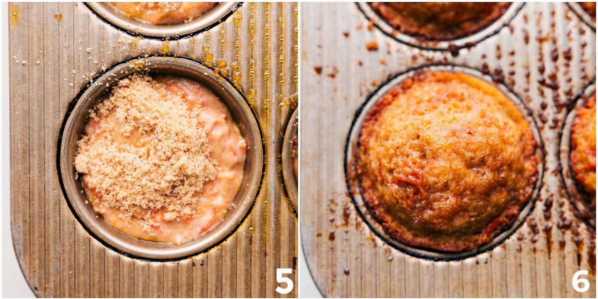 The batter added to a muffin tin and brown sugar sprinkled on top before baking.