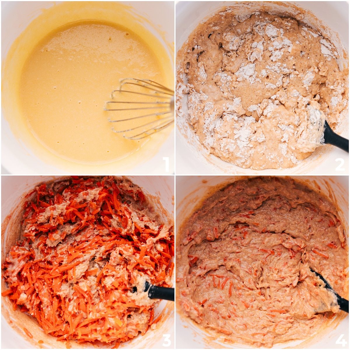 Wet and dry ingredients being mixed together in a bowl for these simple one-bowl Healthy Carrot Muffins.