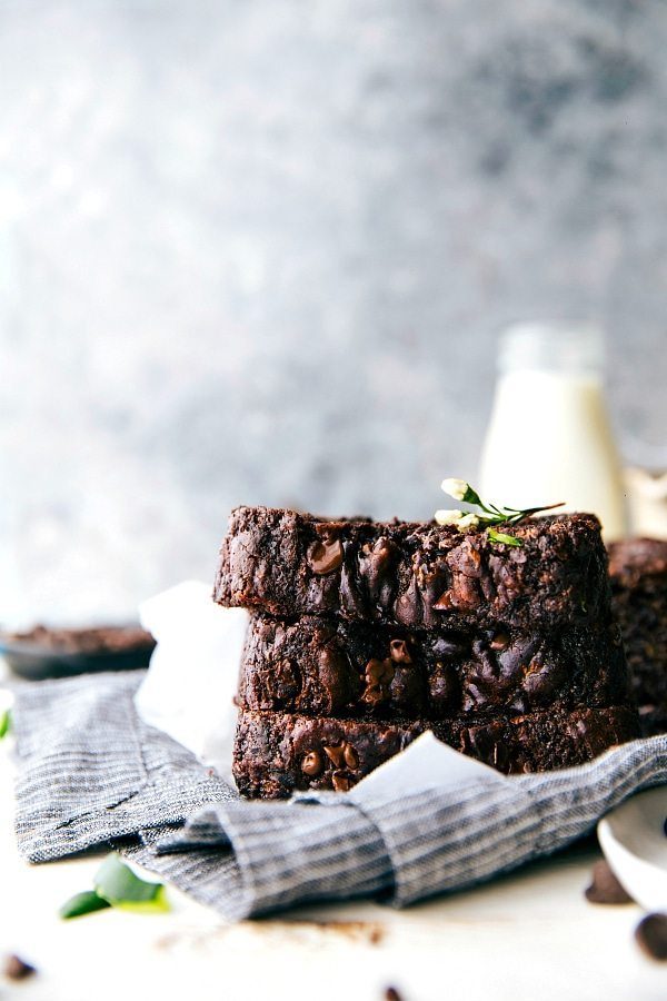 Healthy Chocolate Zucchini Bread slices stacked on top each other