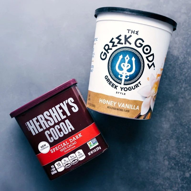 The yogurt and cocoa powder used in this recipe.