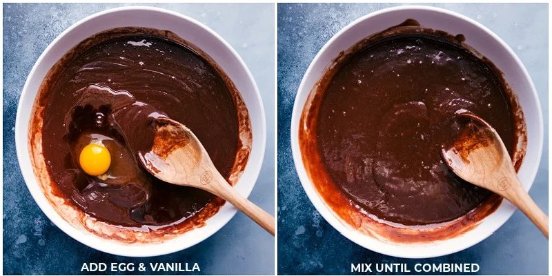 Mixing the eggs and vanilla into the batter.