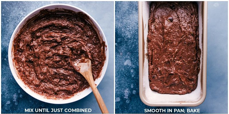 Mixing the batter; in the pan, ready to bake.