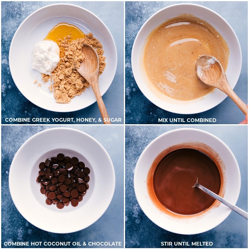 The wet ingredients in this healthy chocolate zucchini bread being mixed together.