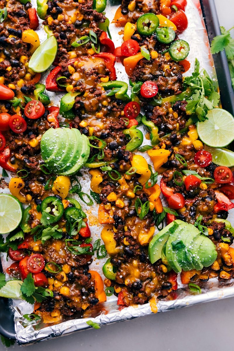 Healthy ground beef recipes: Bell Pepper Nachos made with seasoned ground beef on crisp bell pepper wedges topped with melted cheddar