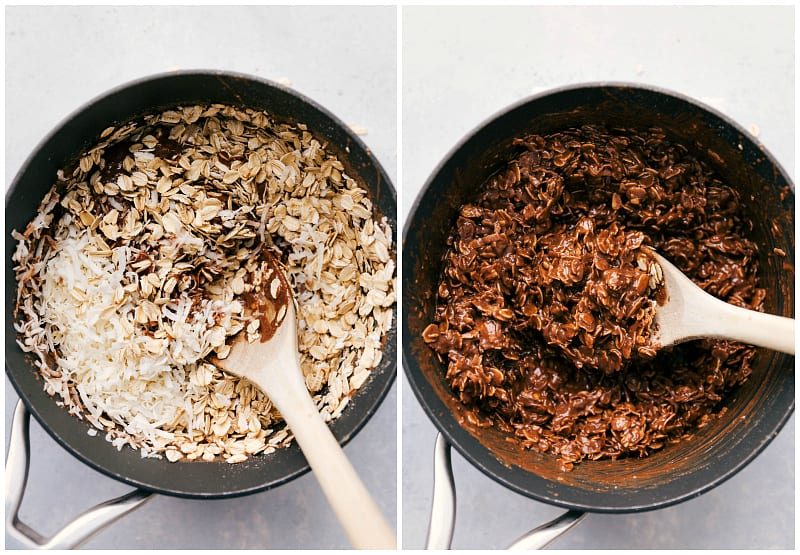 Adding in the oats to the pot.