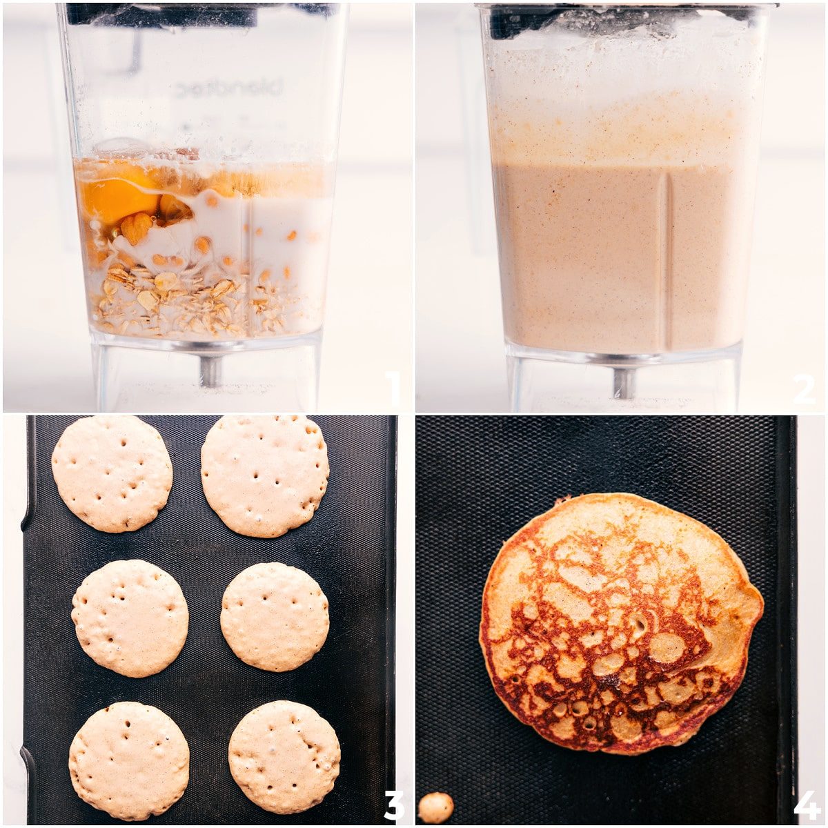 All the ingredients in this healthy pancake recipe added to the blender and blended together then cooked up into fluffy pancakes.