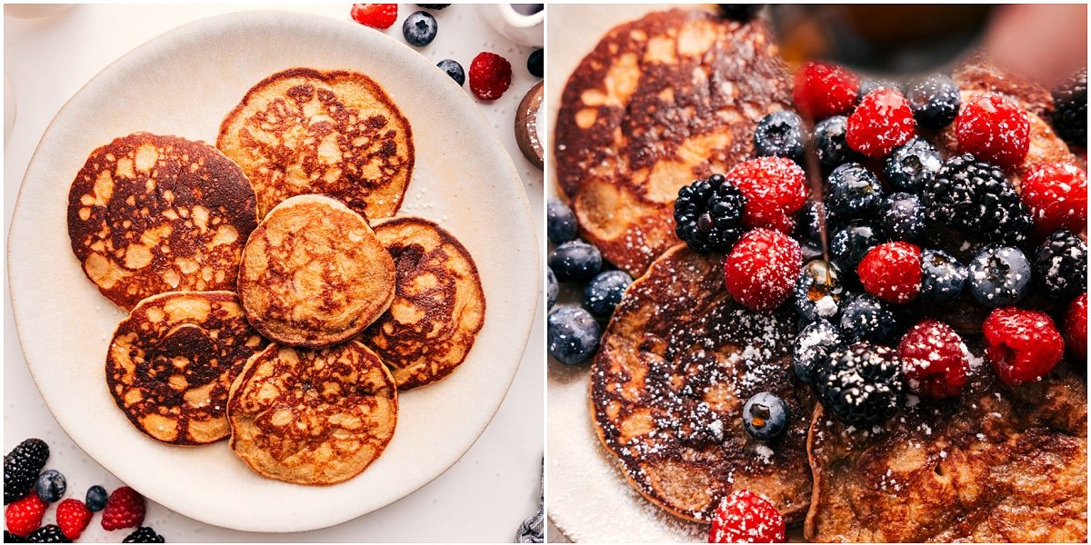 The breakfast plated up with fresh berries, powdered sugar, and a drizzle of maple syrup.