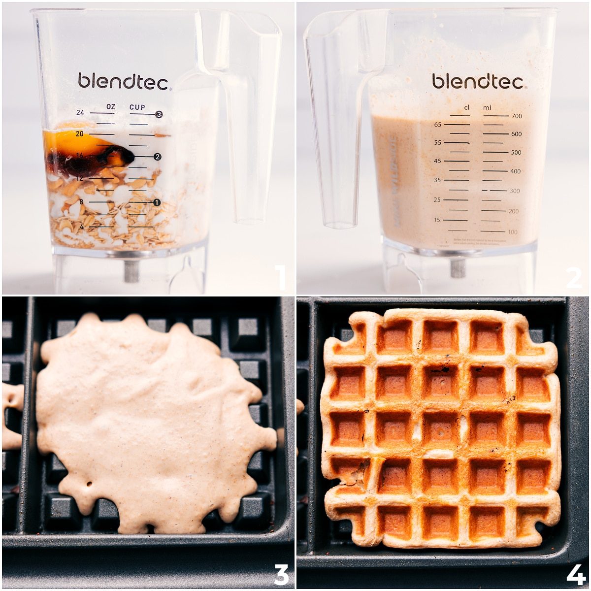 All the ingredients for this Healthy Waffle Recipe blended until smooth, then poured into a waffle maker to cook.
