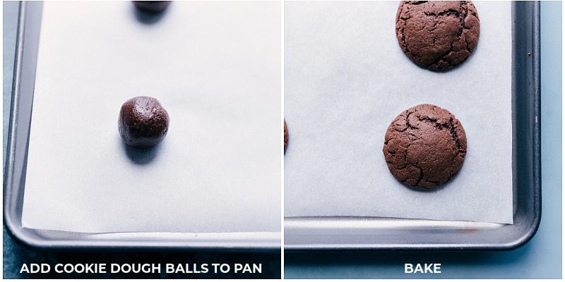 Cookie dough balls before and after baking