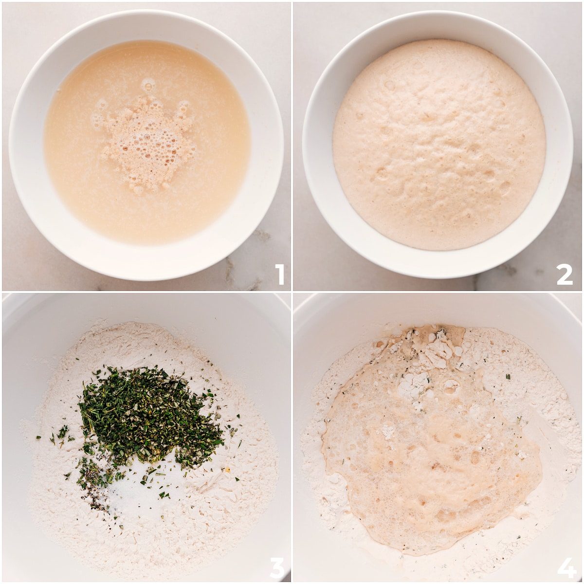 The yeast mixture rises as the dry ingredients combine with it to make this herb bread.