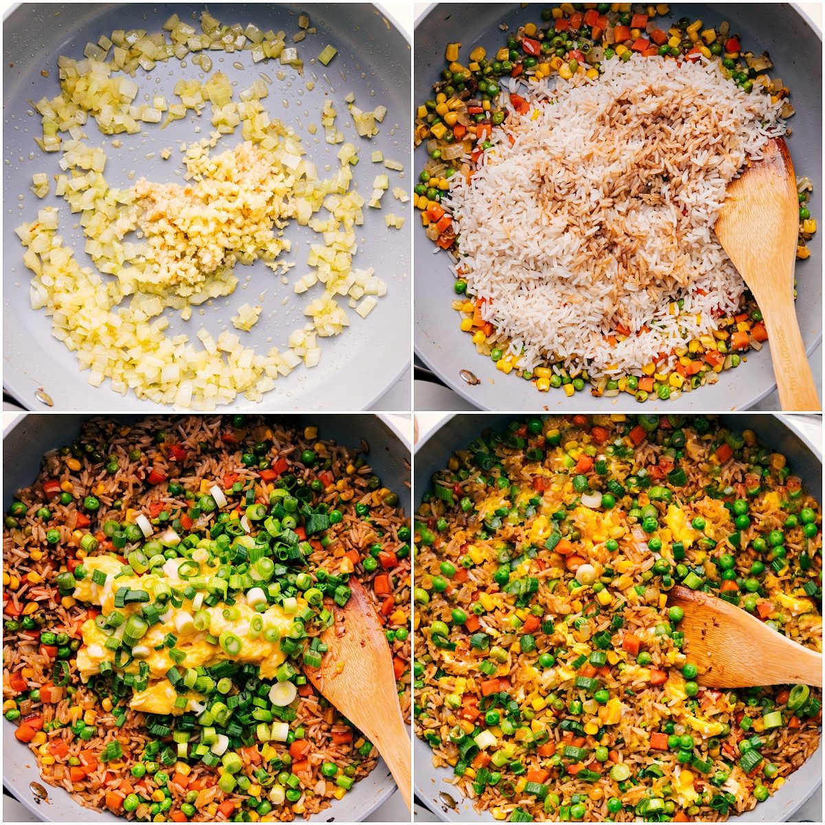 Onion and garlic sautéed before adding rice, vegetables, eggs, and green onions to make the fried rice.