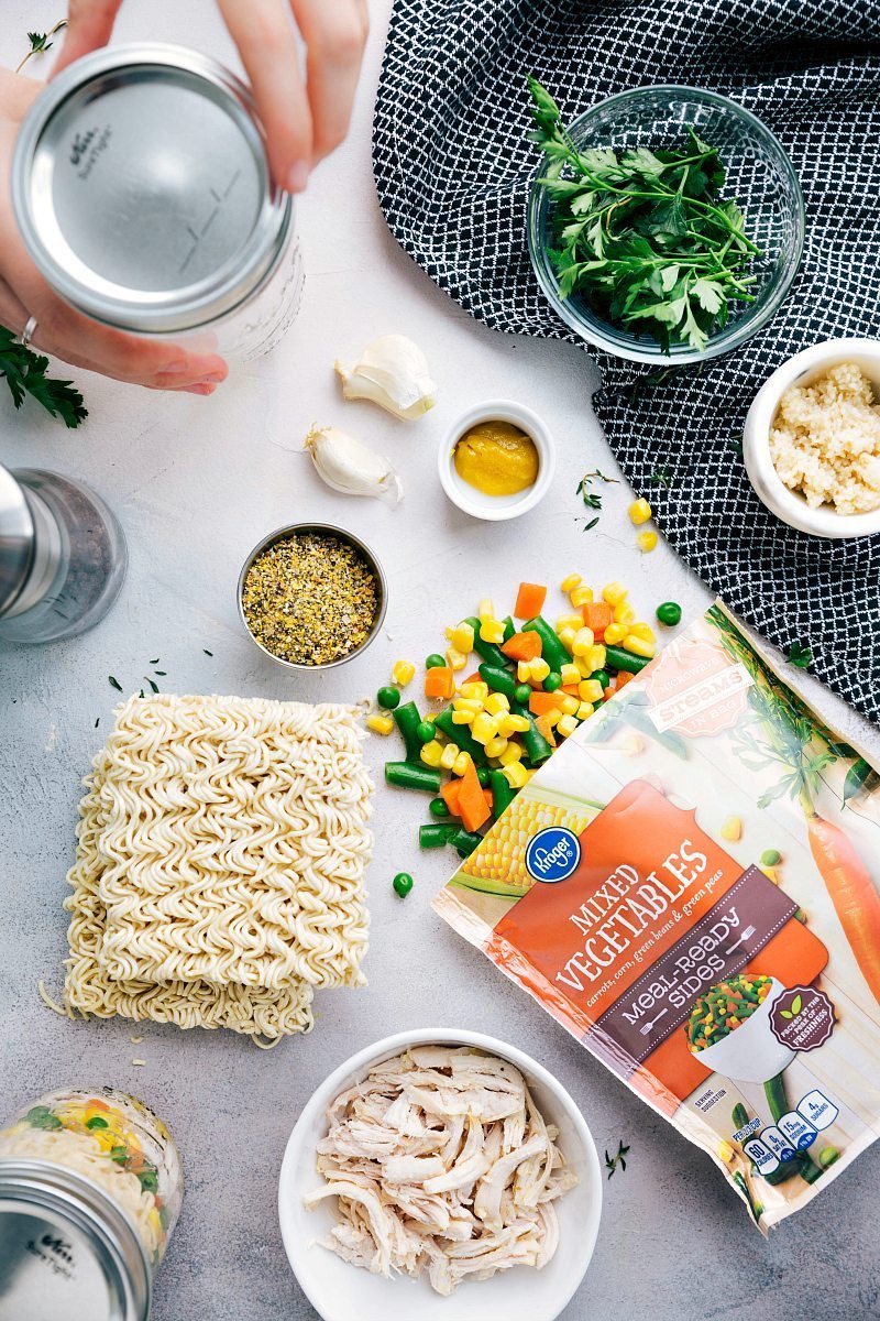 All the ingredients for the second instant noodles recipe, chicken and veggie noodle soup, are prepped and ready for quick assembly.