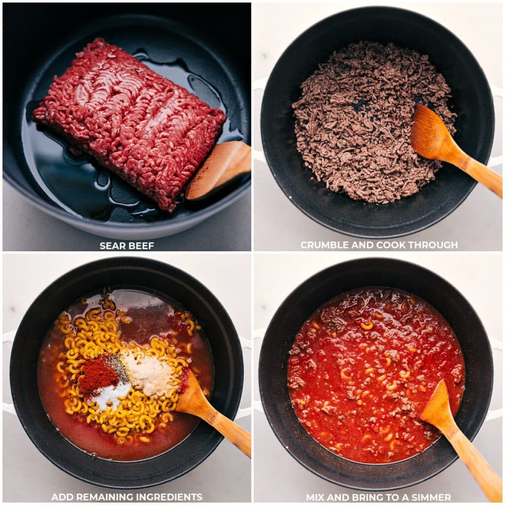 Cooking ground beef and combining ingredients in a pot.