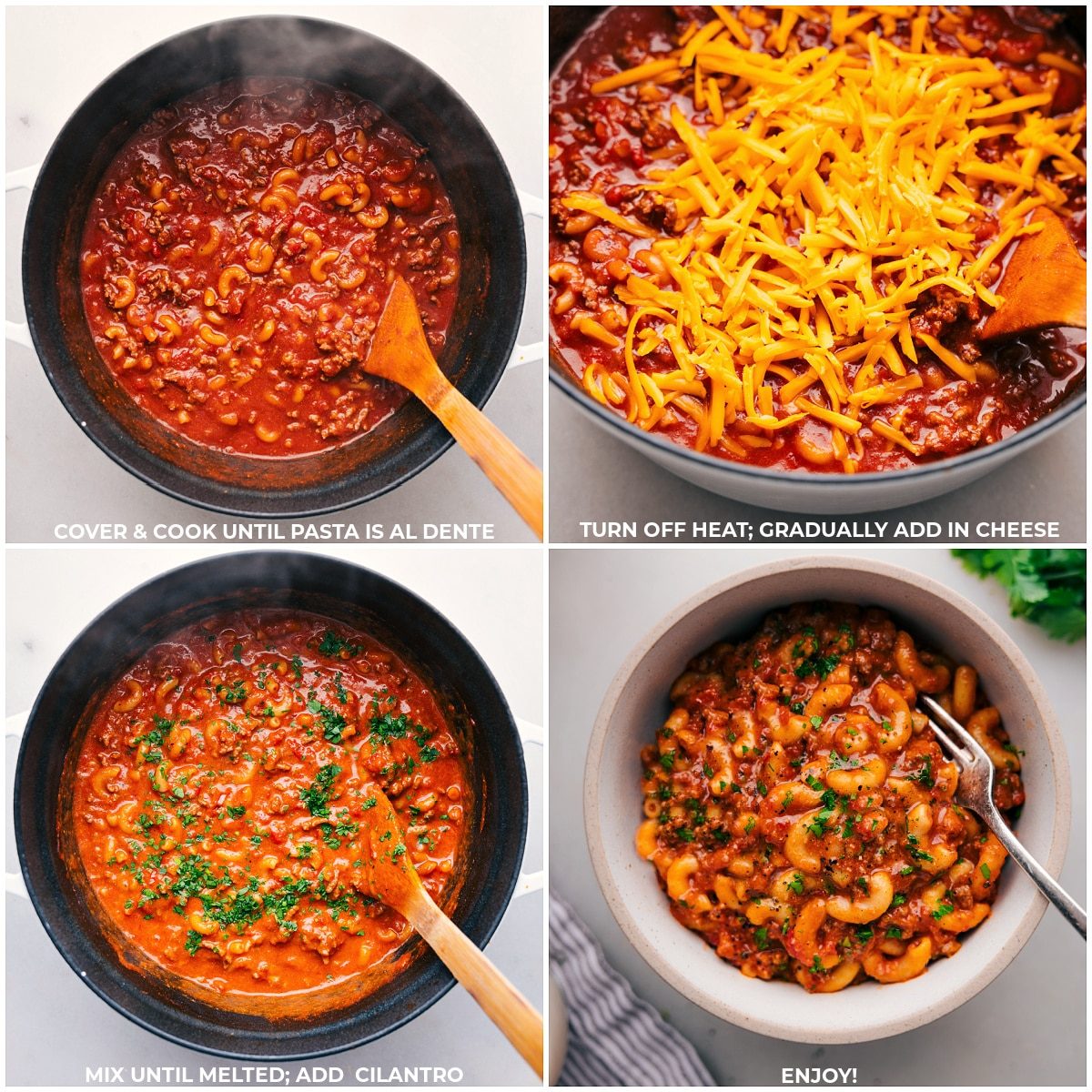 Adding Cheese and Cilantro to from-scratch Hamburger Helper and Serving in a Bowl