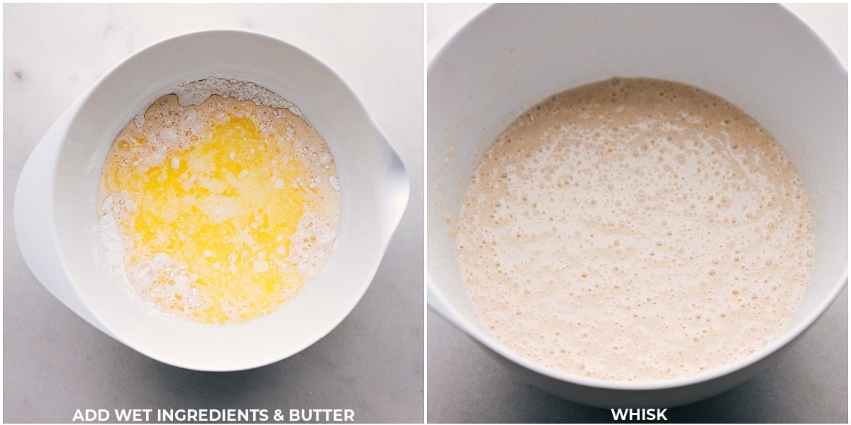 Mixing dry and wet ingredients for the batter.