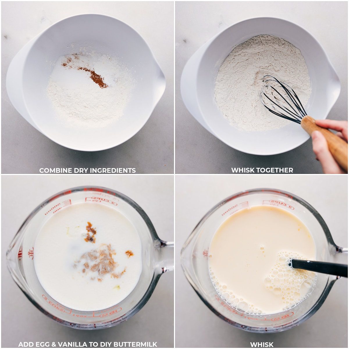 Mixing dry ingredients together then creating from-scratch buttermilk for this old-fashioned pancake recipe.