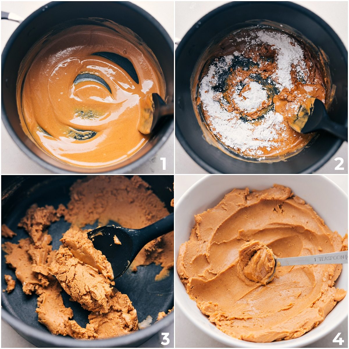 The peanut butter filling being made in a pot for these from-scratch Peanut Butter Cups.