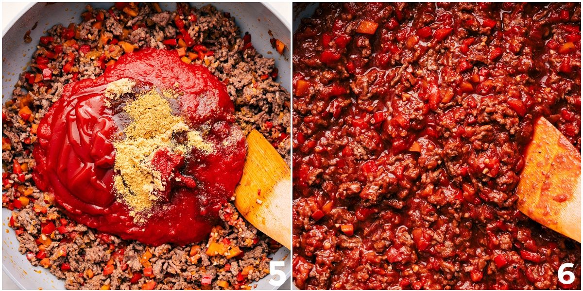 All the sauce ingredients going into the beef, then everything cooking together.