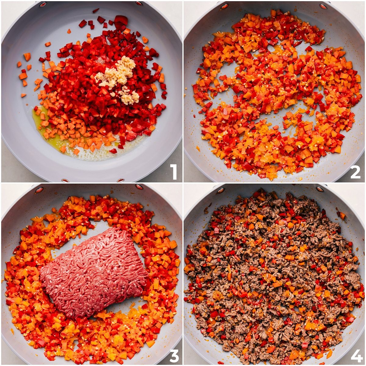 The veggies sautéing, then the beef browning and getting added in for this sloppy joes recipe.
