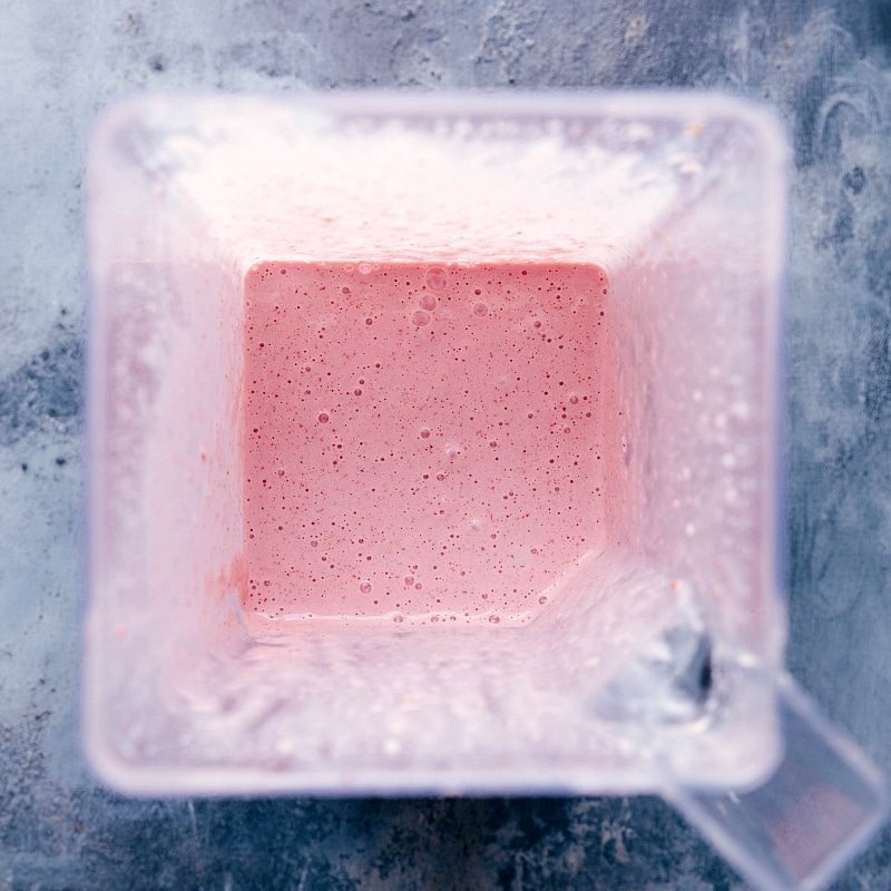 Strawberry milkshake recipe blended until smooth, still in the blender jar.