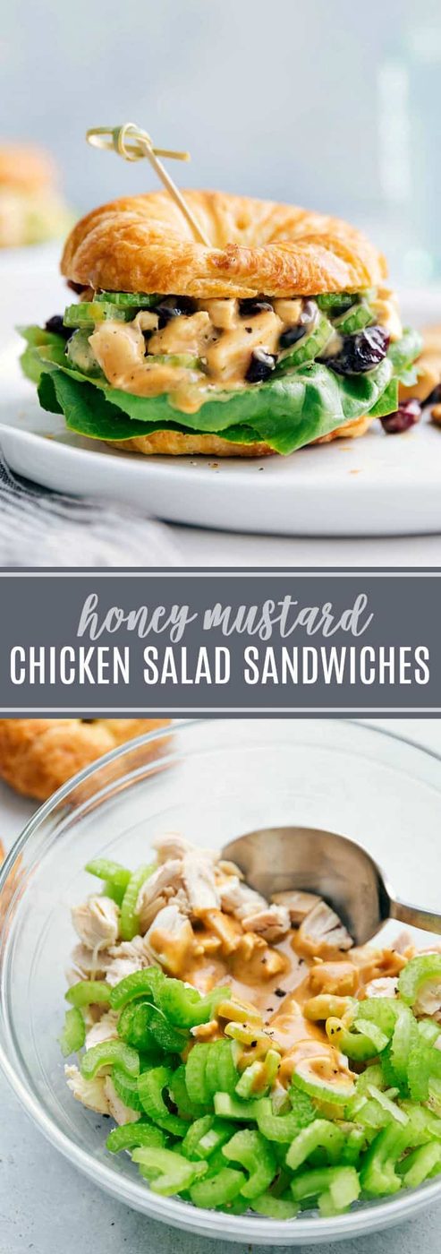 These satisfying (and simple to make) honey mustard chicken salad sandwiches are a fun twist on typical chicken salad! They're a hit wherever they're served! via flexfa.com #honey #mustard #chicken #salad #straightforward #quick #lunch #dinner #party #holiday #potluck #lettuce #sandwich #croissant #celery #cranberries #rotisserie #best