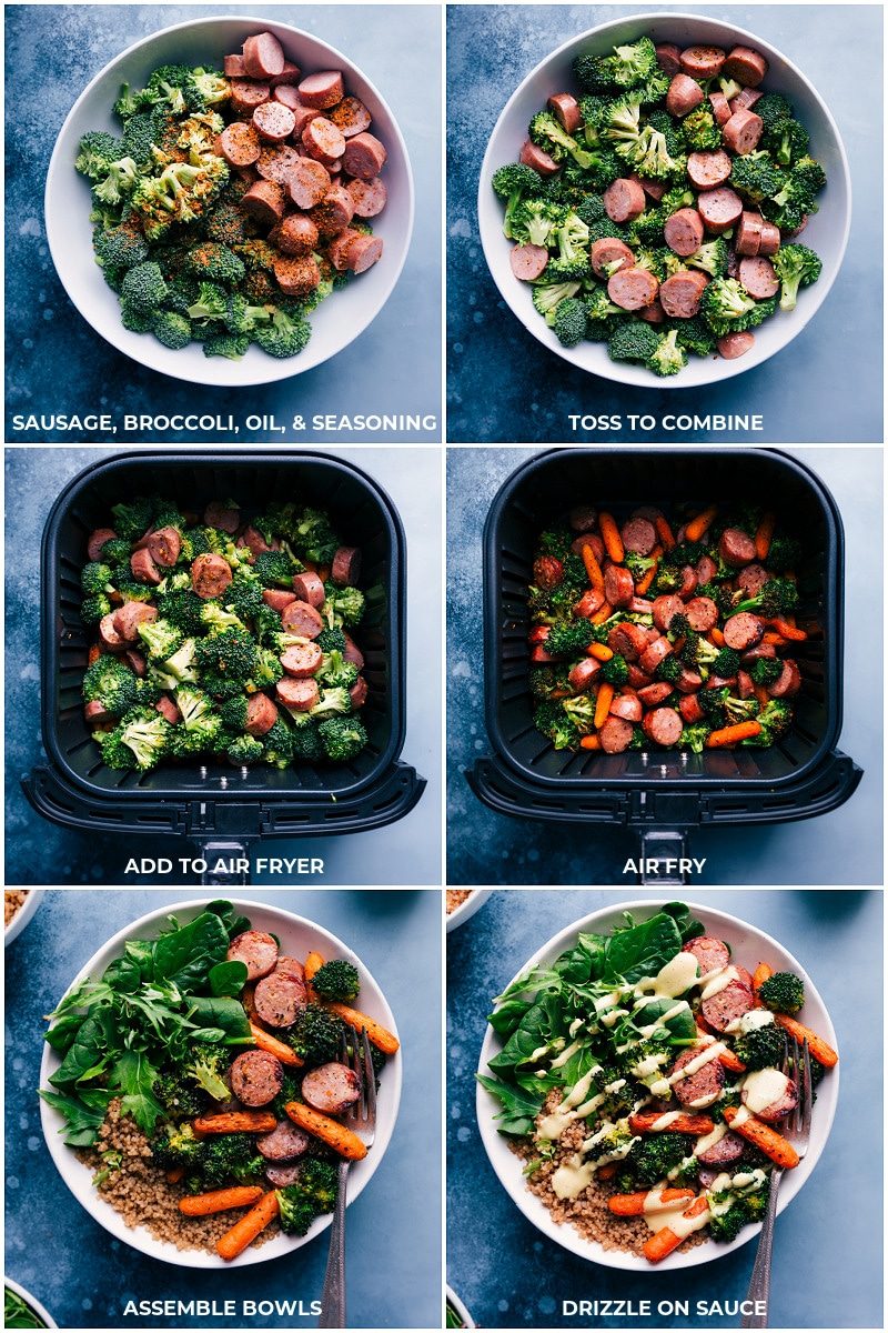 Combine sausage, broccoli, oil and seasonings; Add to air fryer and cook; Divide among bowls; drizzle with honey mustard sauce.