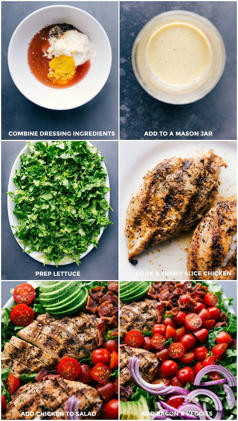 Process of making honey mustard salad dressing, prepping lettuce, grilling chicken, and tossing it all to create a satisfying salad.