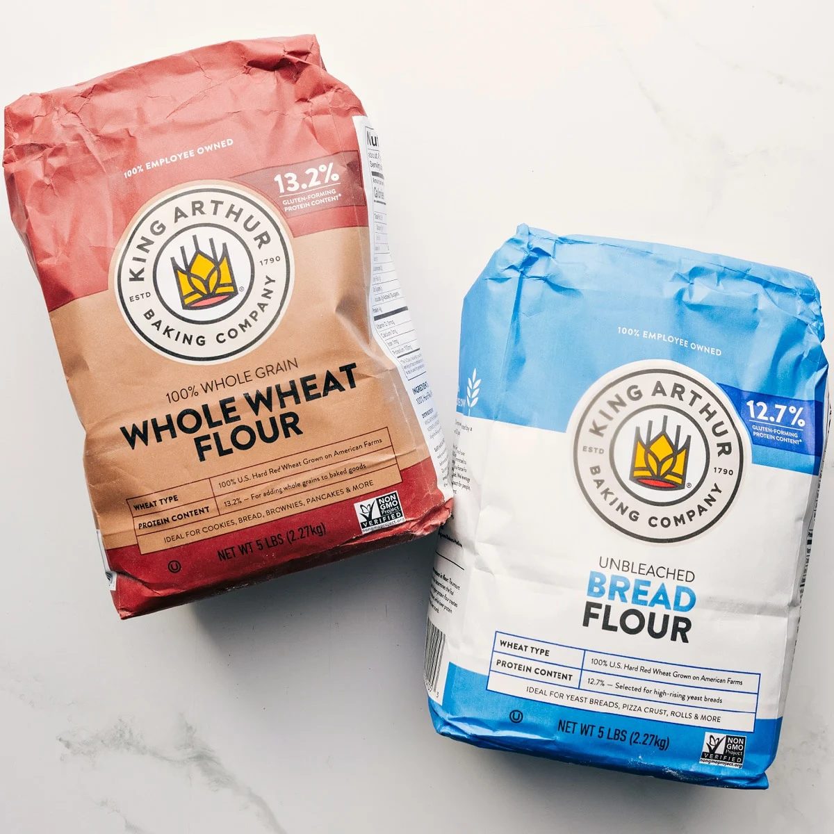 The two types of flour used in this honey whole wheat bread: whole wheat four and unbleached bread flour.