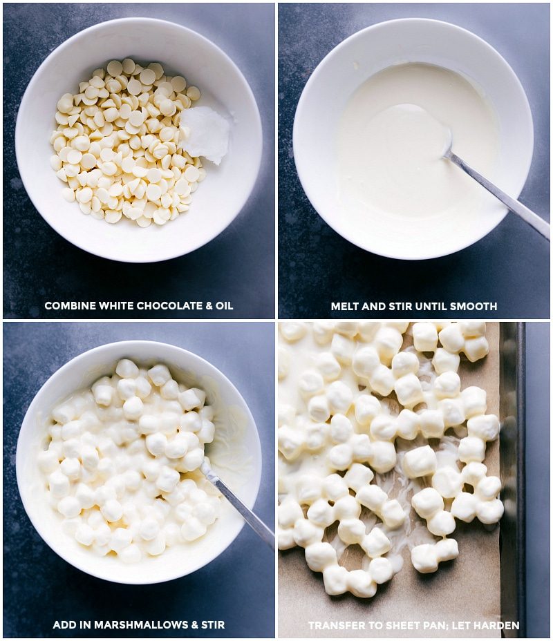 Process shots: combine white chocolate and coconut oil; melt and stir until smooth; add marshmallows and mix; move to a sheet pan and let harden.