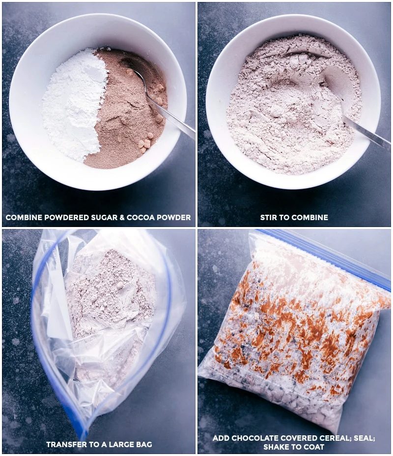 Process shots: combine powdered sugar and hot chocolate mix; stir to combine; move to a large plastic bag; add cereal and shake to coat.
