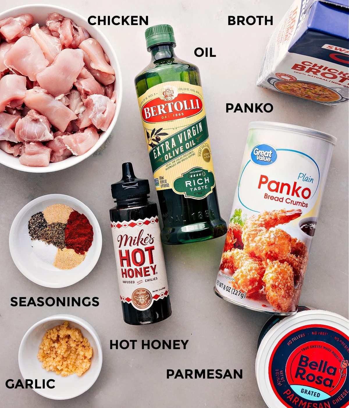 This recipe starts with everything prepped for straightforward assembly—meat, broth, panko, oil, honey, seasoning, parmesan, and garlic.