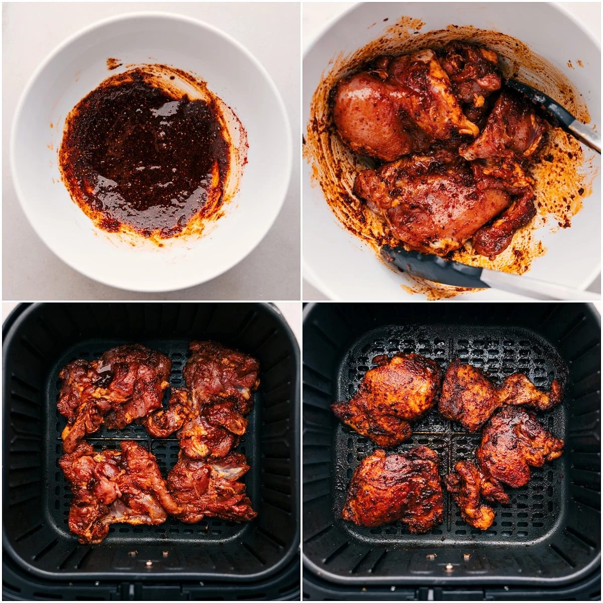 The chicken thighs are marinated and air-fried to perfection for these hot honey chicken bowls.