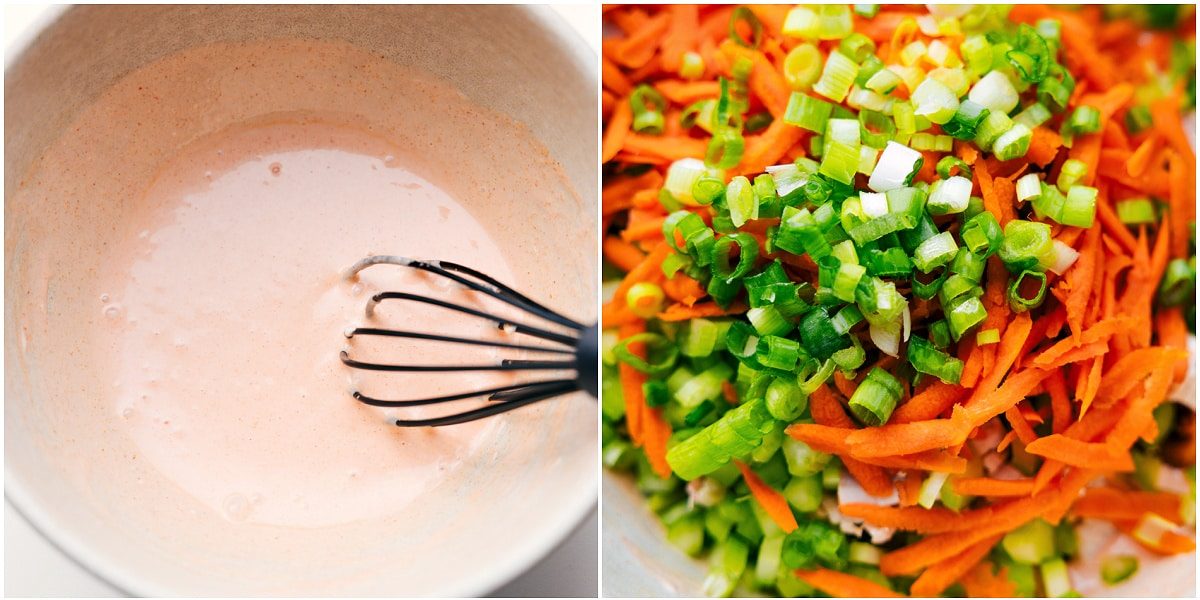 The dressing whisked together and the salad mix added to the bowl ready to all be tossed together.