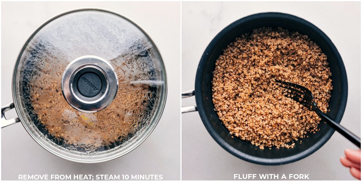 The grain removed from the heat but covered to steam and then the lid being removed and it being fluffed.