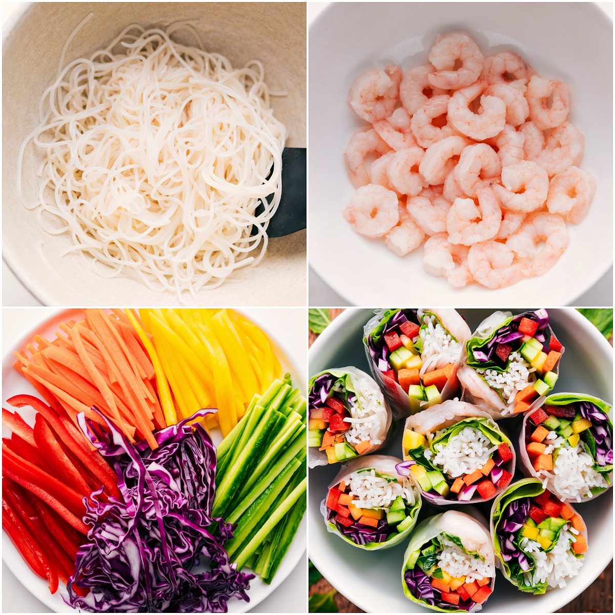 The noodles, shrimp, and veggies laid out to assemble spring rolls for this how to make spring rolls post.