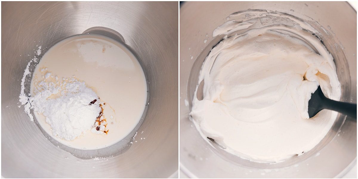 All the ingredients in this whipped cream recipe whipped together in a stand mixer till medium peaks.