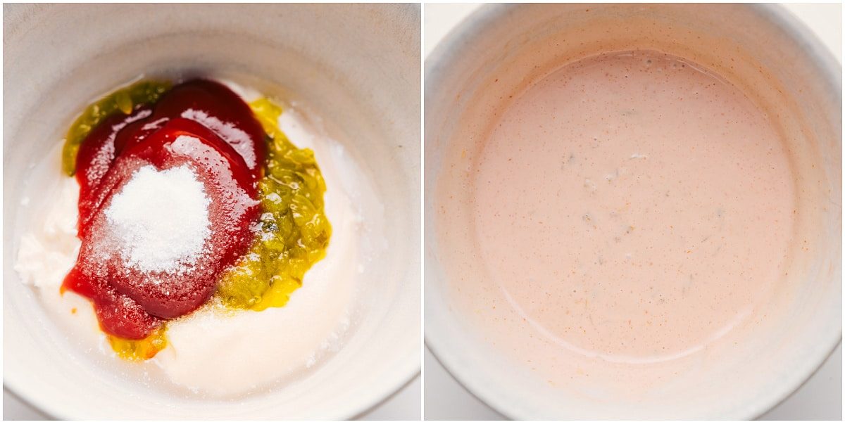 Adding all the ingredients in this In-N-Out Sauce recipe to a bowl and whisking it together.
