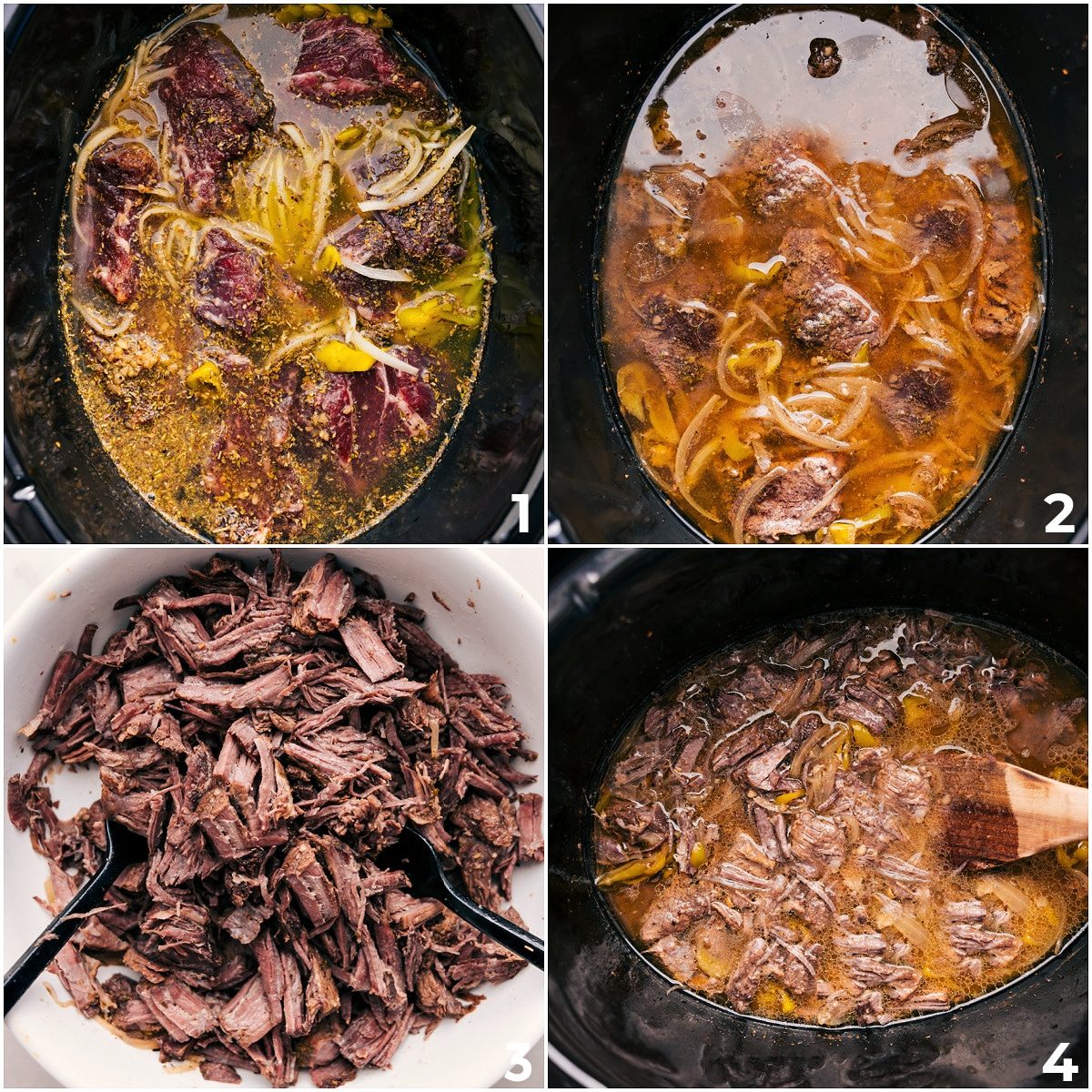 The beef slow cooks in the slow cooker before getting shredded for these Italian Beef Sandwiches.