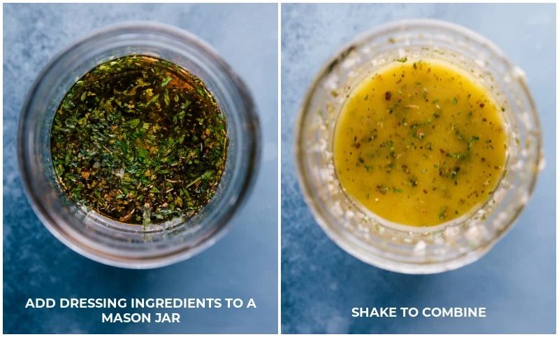 The dressing being made in a Mason jar and mixed together.