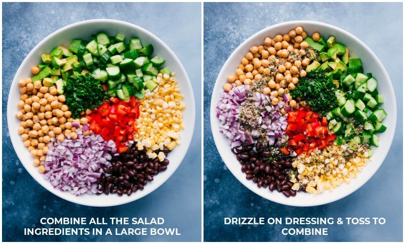 All the ingredients in this garbanzo bean salad added to a bowl with the dressing being drizzled over it all.